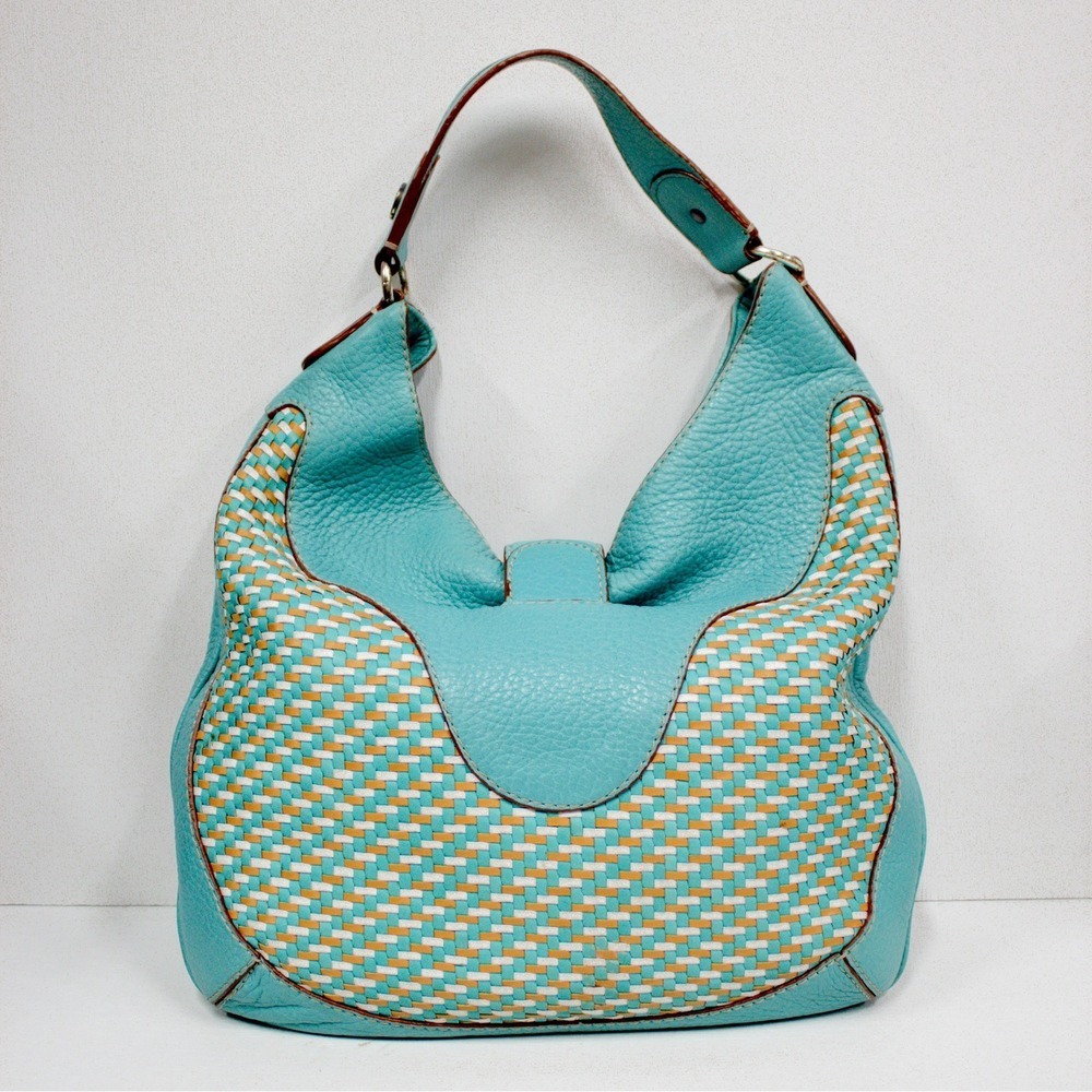 Vintage Michael Kors Hobo Shoulder Bag Woven Turquoise Leather Purse & Dust Bag - Picture 6 of 14